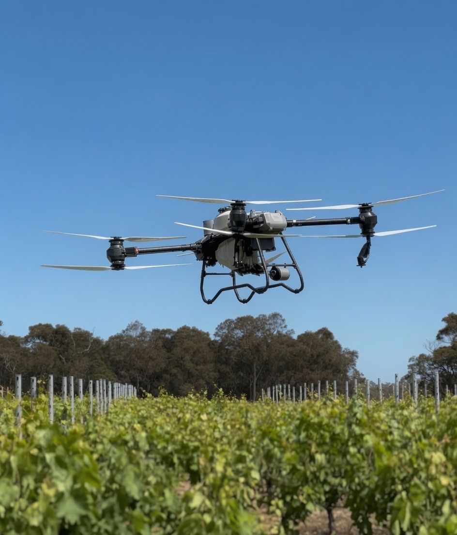 Southwest Agri-Tech drone hovering over a Margaret River vineyard