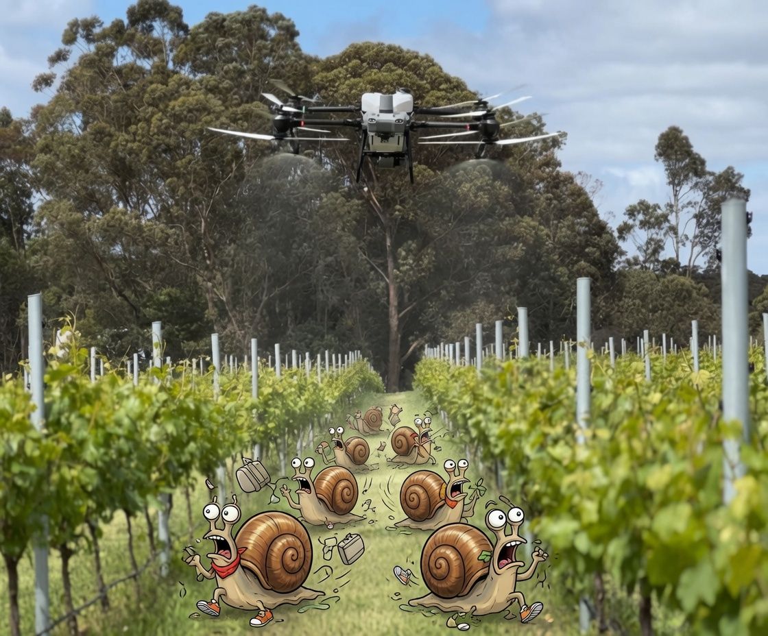 Spreading drone flying down a vineyard row, with cartoon snails fleeing ahead of it