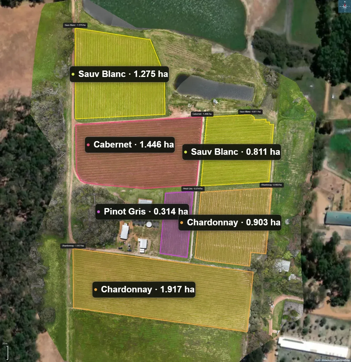 Drone block-survey map of a Margaret River vineyard — each block outlined and labelled with varietal and area in hectares over high-resolution aerial imagery, with a north arrow and scale bar