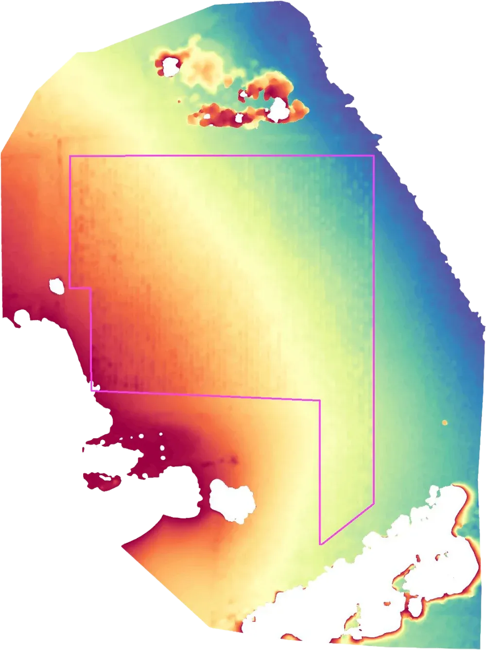 Elevation model of the property — a colour ramp from blue (low) through green and yellow to red (high) revealing slope and aspect, with a block boundary outlined in magenta